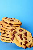 shot of chocolate chip cookies on blue vertical