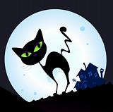 Black cat silhouette in night town