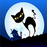 Black cat silhouette in night town