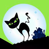 Spooky cat silhouette with full moon in background