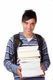 Portrait of young and handsome student holding books