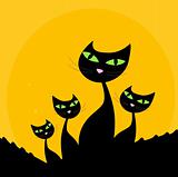 Cat family - black silhouette on orange background
