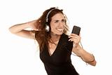 Pretty woman on white with handheld audio device