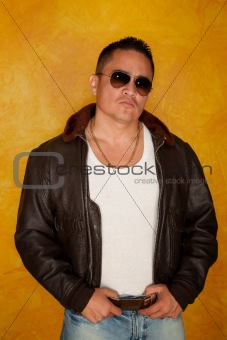 Handsome Hispanic Man Wearing Vintage Pilot Bomber Jacket