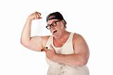 Obese man flexing muscles in tee shirt on white background