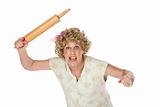 Angry dirty blonde housewife with big rolling pin