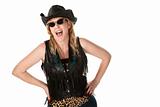 Laughing biker woman with leopard skin and leather on white background