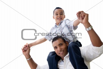 Hispanic Father and Son Having Fun Isolated on a White Background.
