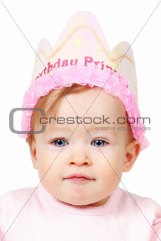 Baby Girl With Birthday Hat and hand on Air