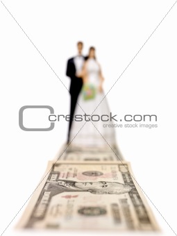Wedding couple in front of a Dollar bank note