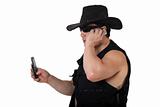 man phone in black capcowboy