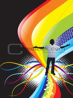 abstract rainbow wave background with standing pose of young boy vector illustrator