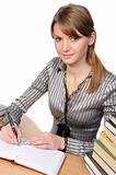 Businesswoman with  books on  table