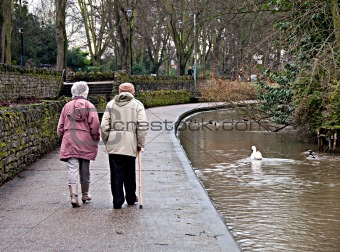 Old couple with swan walking