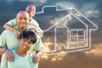 Happy African American Family Over Clouds, Sky and House Icon.