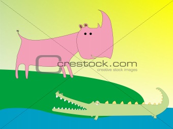 drawing of a crocodile and rhino