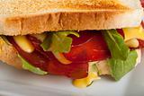 closeup of a ham sandwich with rocket salad