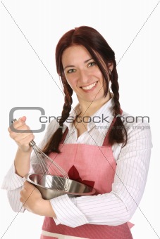 beautiful housewife preparing with egg beater 
