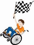 Young handicapped man in wheelchair with winner flag. 
