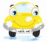 Car wash service - happy yellow automobile with soap bubbles