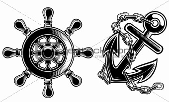ship steering wheel and anchor