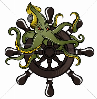 Ship steering wheel with octopus