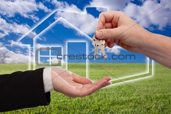 Handing Over Keys on Ghosted Home Icon, Grass Field, Clouds and Sky.