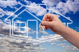 Man Handing Over the House Keys on Ghosted Home Icon, Clouds and Sky.