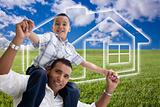 Happy Hispanic Father and Son Over Grass Field, Clouds, Sky and House Icon.