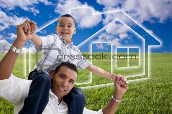 Happy Hispanic Father and Son Over Grass Field, Clouds, Sky and House Icon.