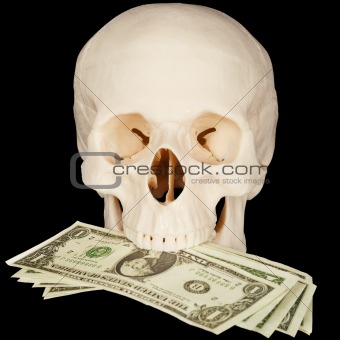 Skull clutched in teeth bunch of money