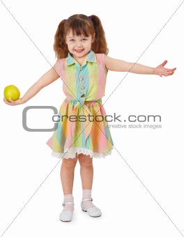 Happy girl with apple in hand, isolated on white