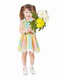 Cheerful child waving a bouquet of flowers