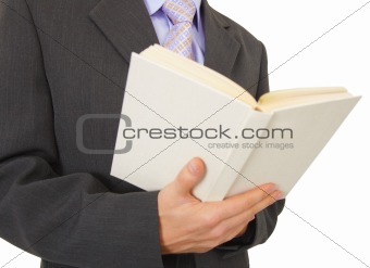 Man reads book on white background