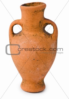 Ancient miniature clay amphora on white background