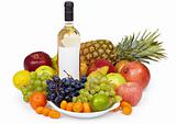 Still life - tropical fruits and bottle of wine