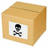 Cardboard box with skull and cross-bones sign