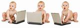 Three baby in diapers with laptops on white