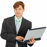 Man with laptop in hand on white background