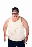 Large man in tee shirt on white background