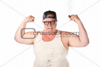 Obese man in tee shirt on white background