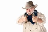 Tough cowboy aiming two guns on white background