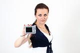 The attractive woman show YOUR photo on digital camera