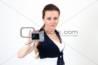 The attractive woman show YOUR photo on digital camera