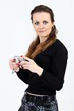 The attractive woman with digital camera  on white background 