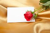 Red rose and blank card on golden satin