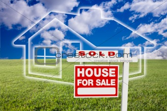 Sold For Sale Real Estate Sign Over Clouds, Grass Field, Sky and House Icon.