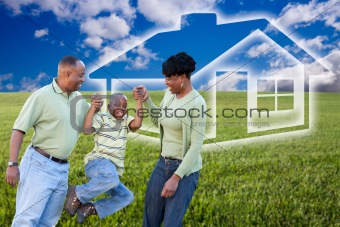 Happy African American Family Over Grass Field, Clouds, Sky and House Icon.