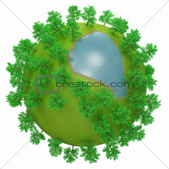 Little round planet with oversized trees and lake