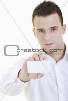 young business man with empty card isolated on white